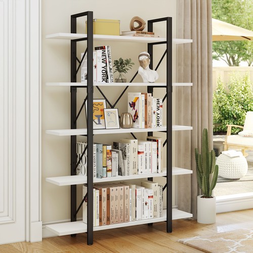 71" Tall Industrial Bookshelf Rustic Wood Bookcase Wide Disp