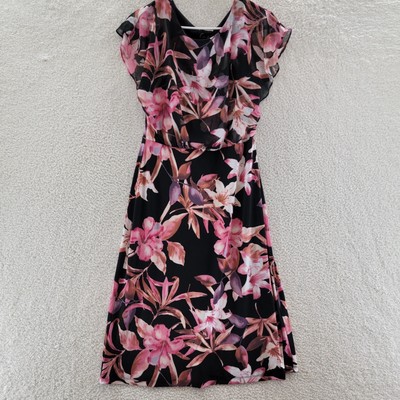Connected Apparel Floral Dress Women's 6 Black Multicolor Crew Neck S/S*