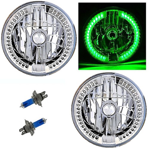 7" Halogen Green LED Halo Ring Angel Eye Headlight Headlamp Light Bulbs
