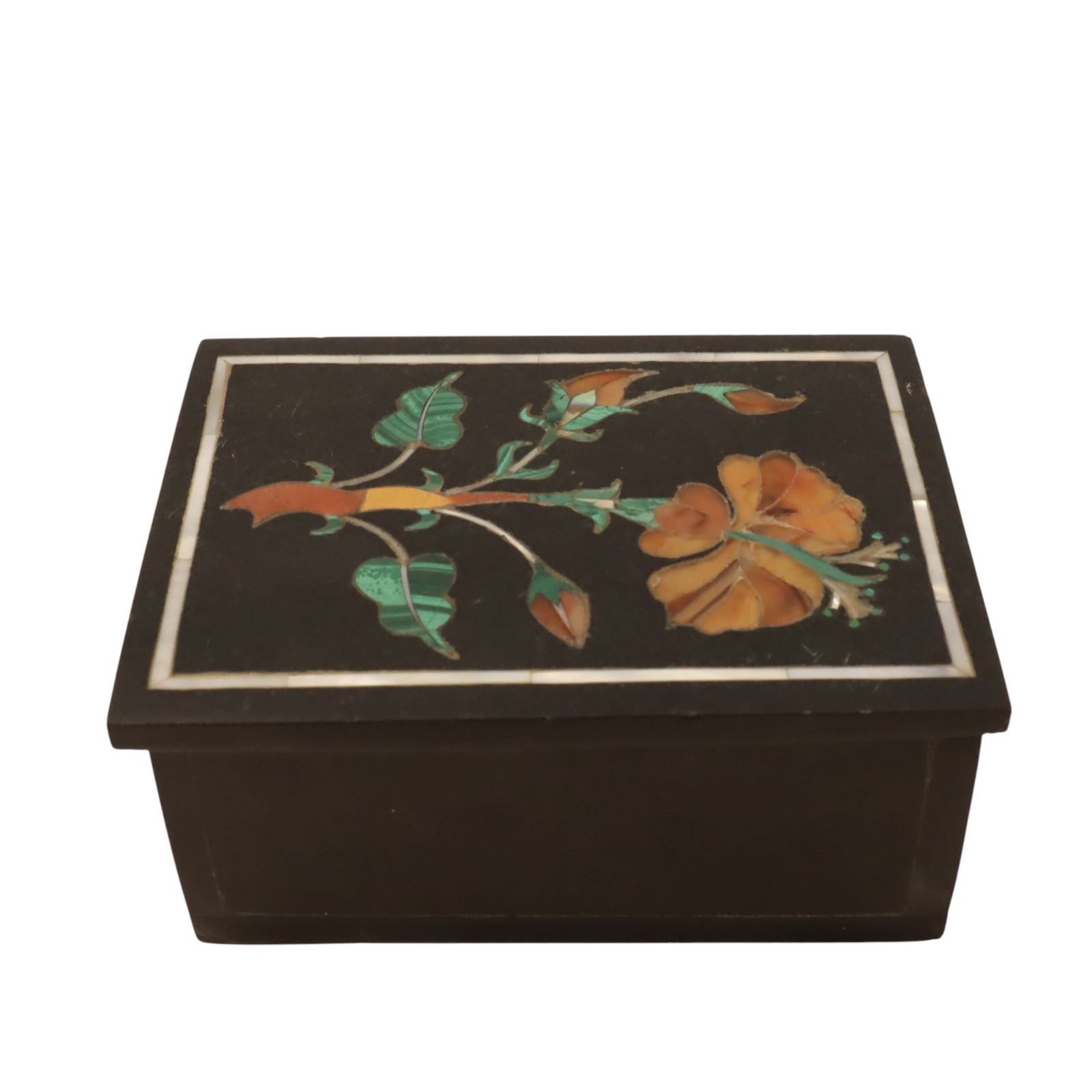 Vintage Marble Trinket Jewelry Box MoP Malachite Carnelian Natural Stones Inlay