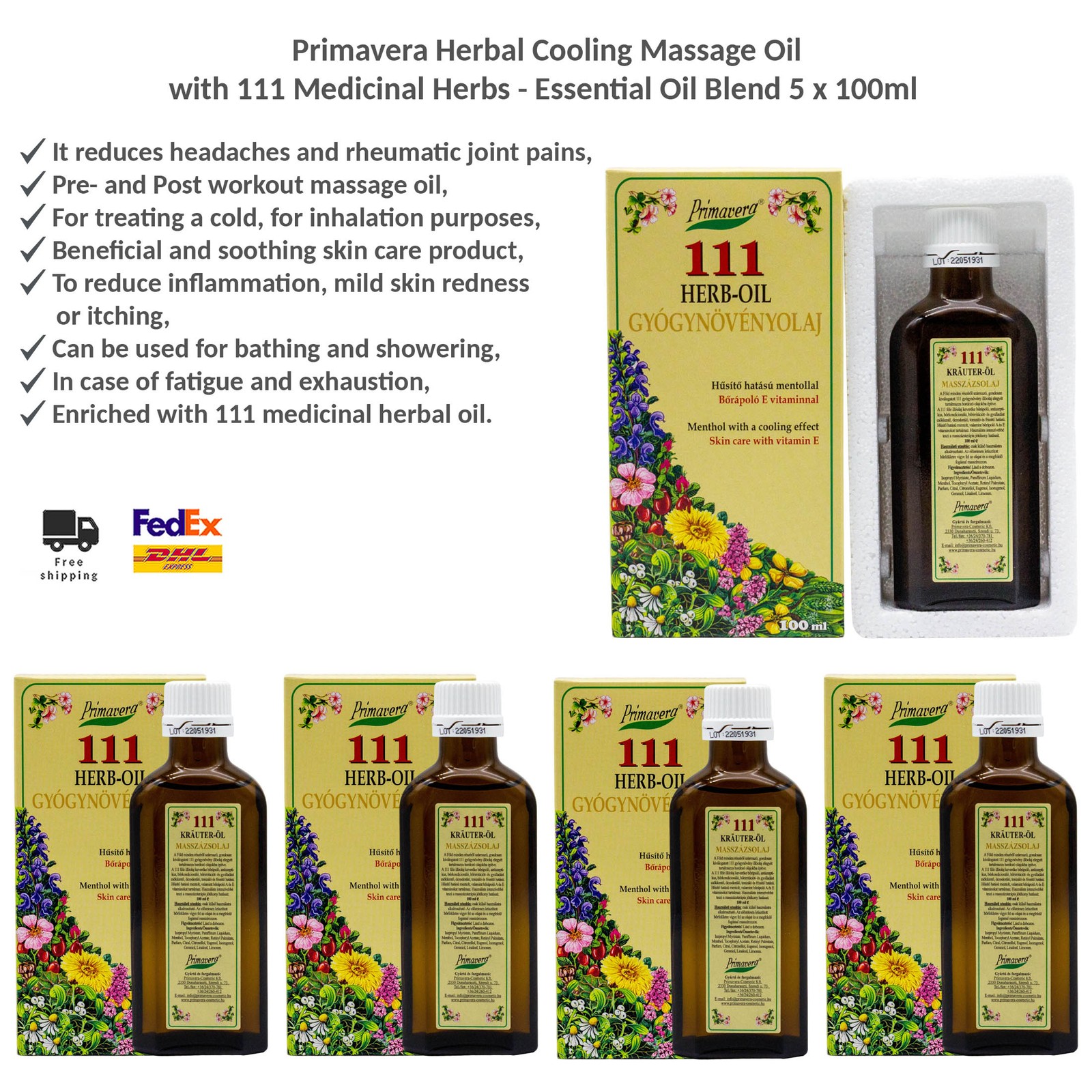 Primavera Organic Herbal Massage Oil with 111 Essential Herbs 100ml 5 Pack