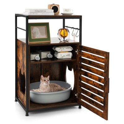 3-Tier Shelf Cat House Side Table Cat Litter Box Enclosure W/ Louvered Door