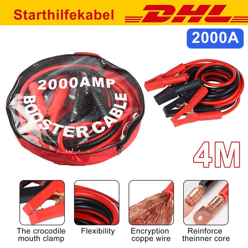2x4m 2000amp Starthilfekabel ÃBerbrÃ¼Ckungskabel Pkw Lkw Starterkabel Schwarz/Rot