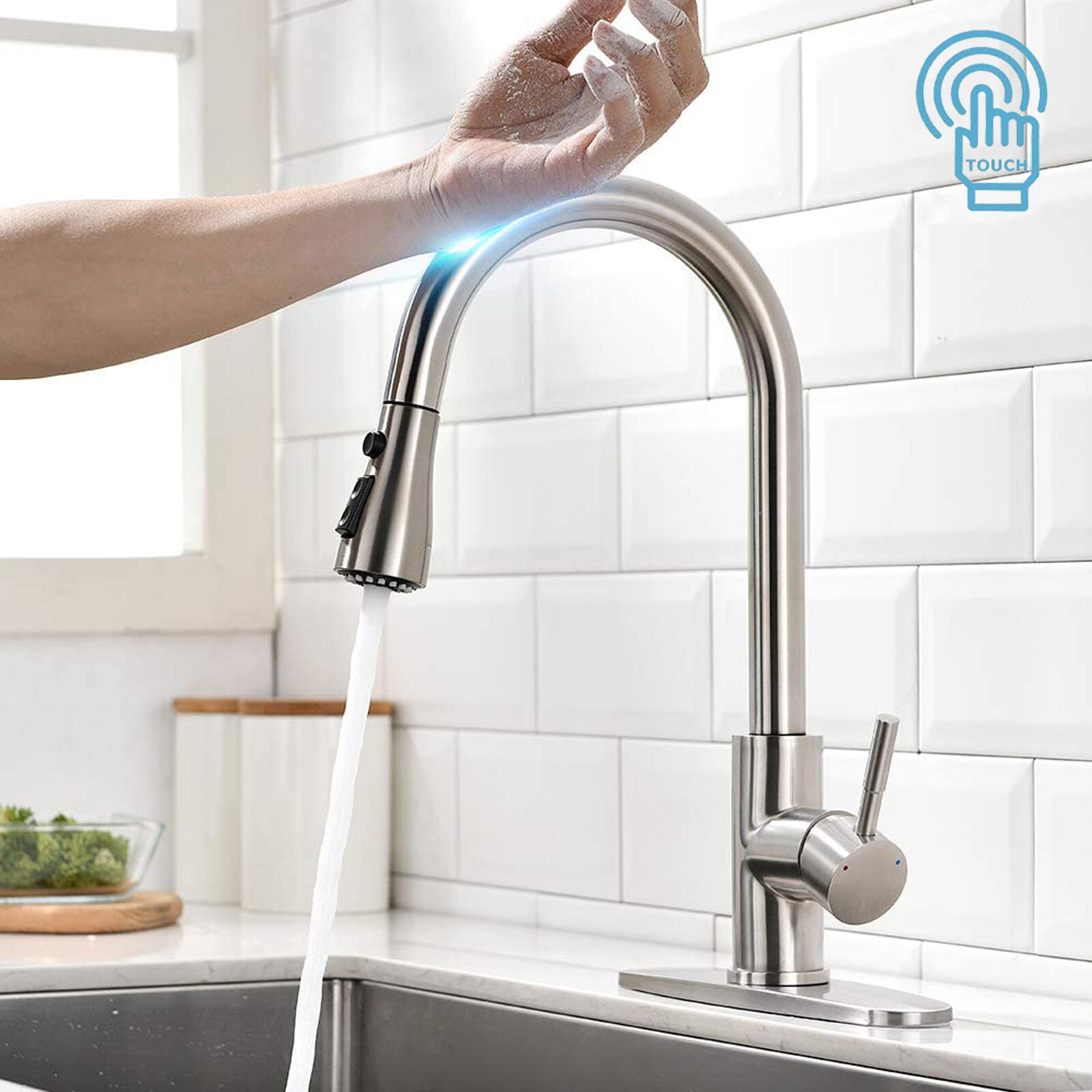 Brushed Nickel Touch Sensor Kitchen Faucet Sink Pull Down Sprayer Swivel w/Cover
