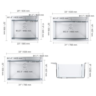 VEVOR 25" / 33" Drop In Kitchen Sink Top Mount Single Bowl Stainless Steel