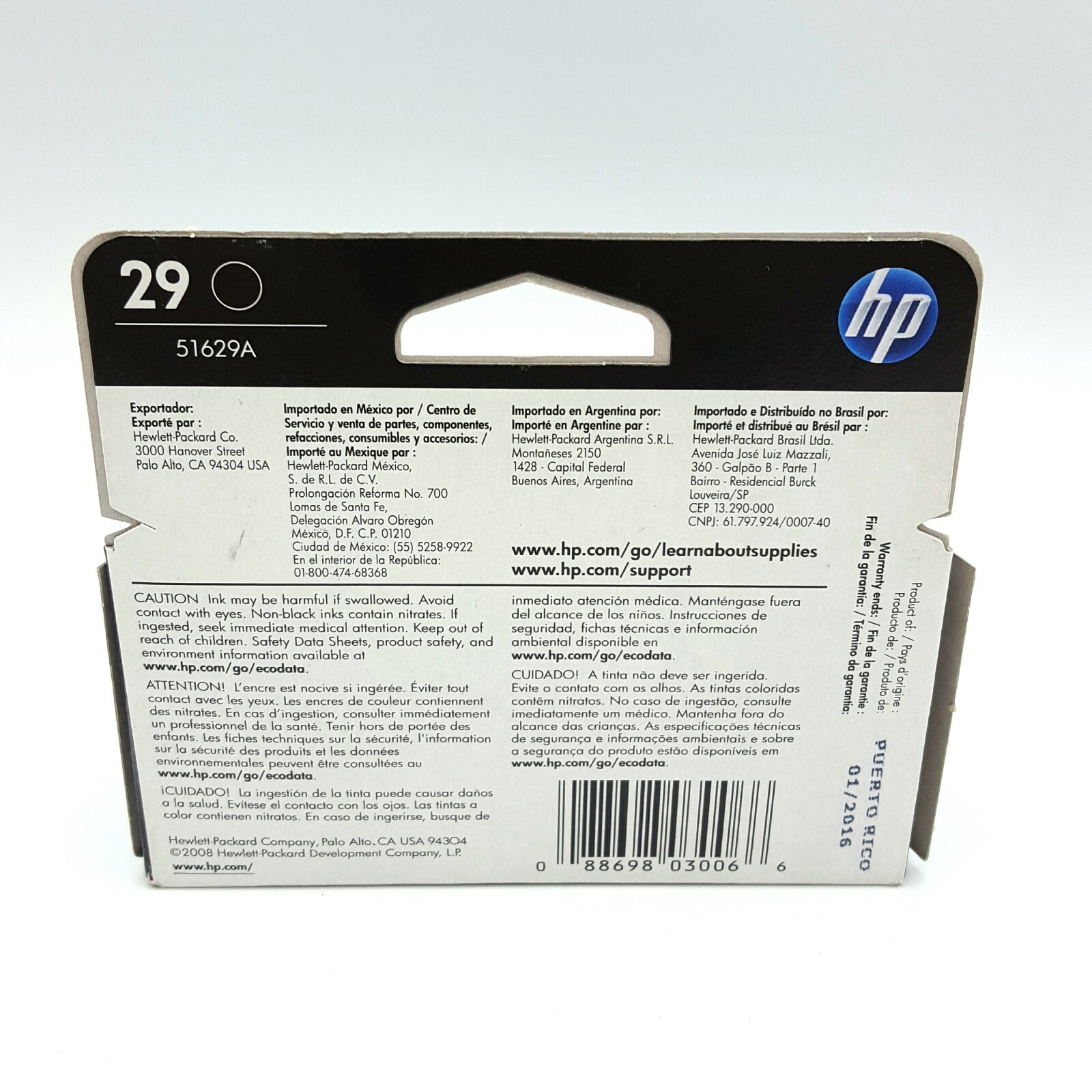 OEM HP Printer Ink Cartridge 29 Black 51629A Expired 01/2016 Brand New Sealed