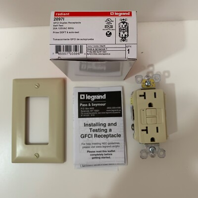 Legrand 20971 Radiant GFCI Duplex Receptable with Self Test in Ivory 20A 125VAC