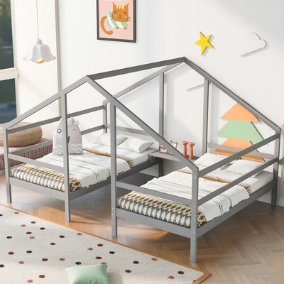 Twin Size Triangular House Beds with Table, Gray for Kids