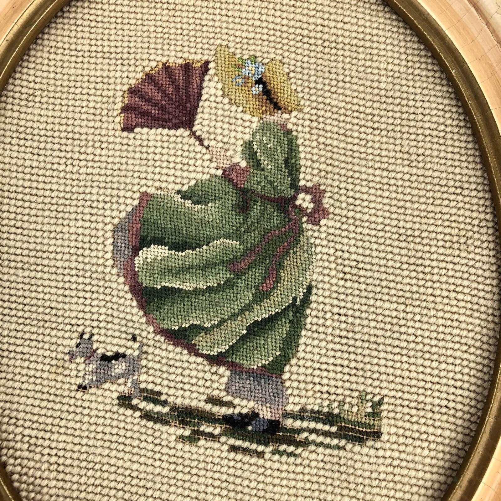 Antique Victorian Needlepoint Woman Sun Bonnet Dog Oval Gesso Gilt Frame MI513