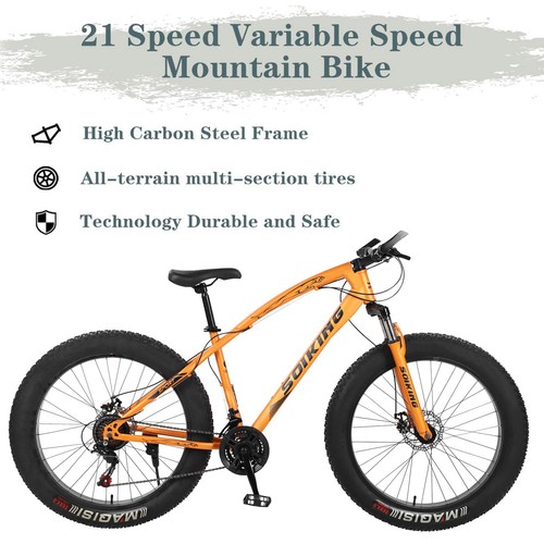 Fat Tire Mountain Bike 26'' 21Speed For Women Men High Carbon Steel Frame MTB US