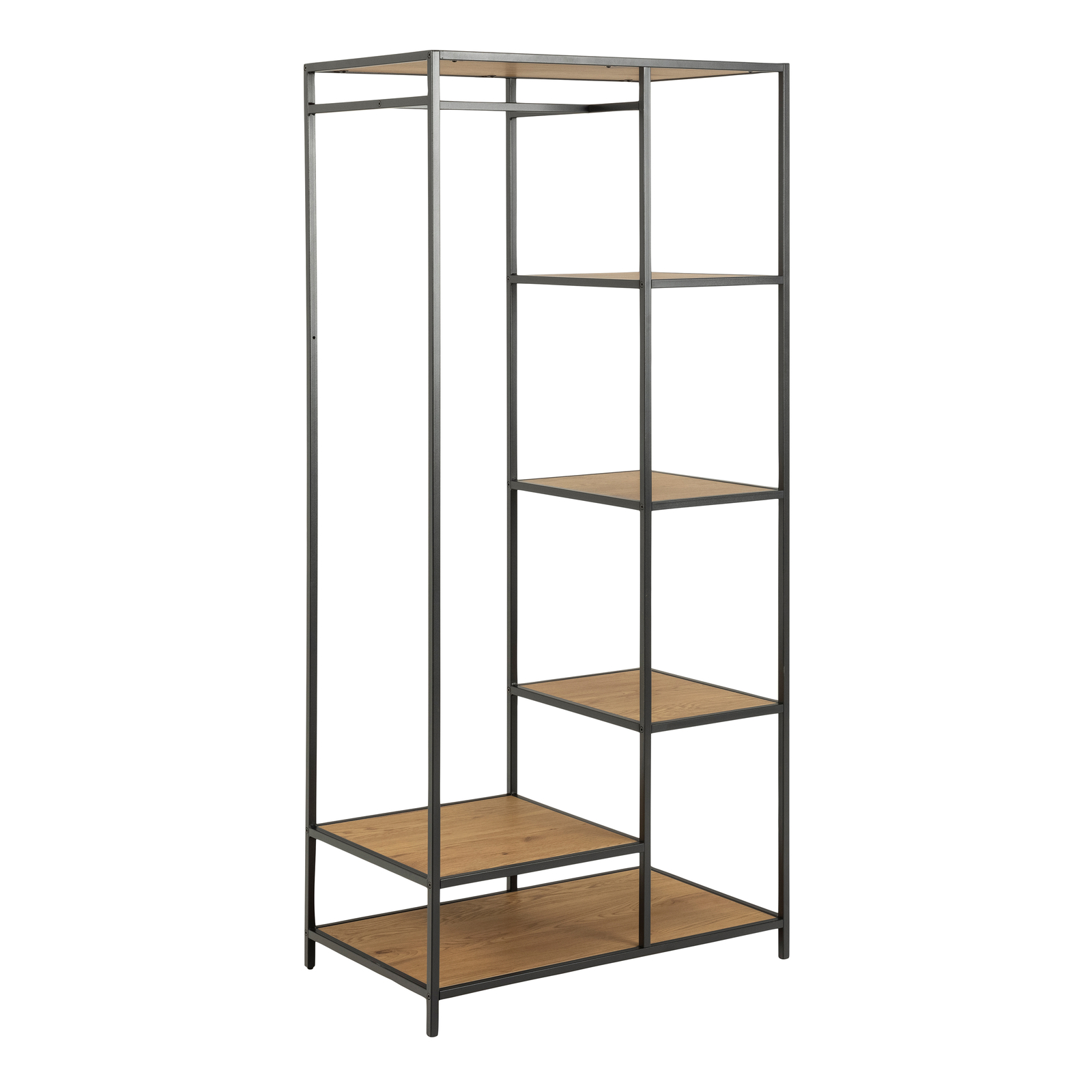 Clothes Rack With 5 Shelves Black Frame Oak Finish Hanging Rail Storage
