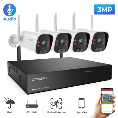 TMEZON 3MP Security Camera System Outdoor Wireless Audio Wifi Home CCTV8CH NVR