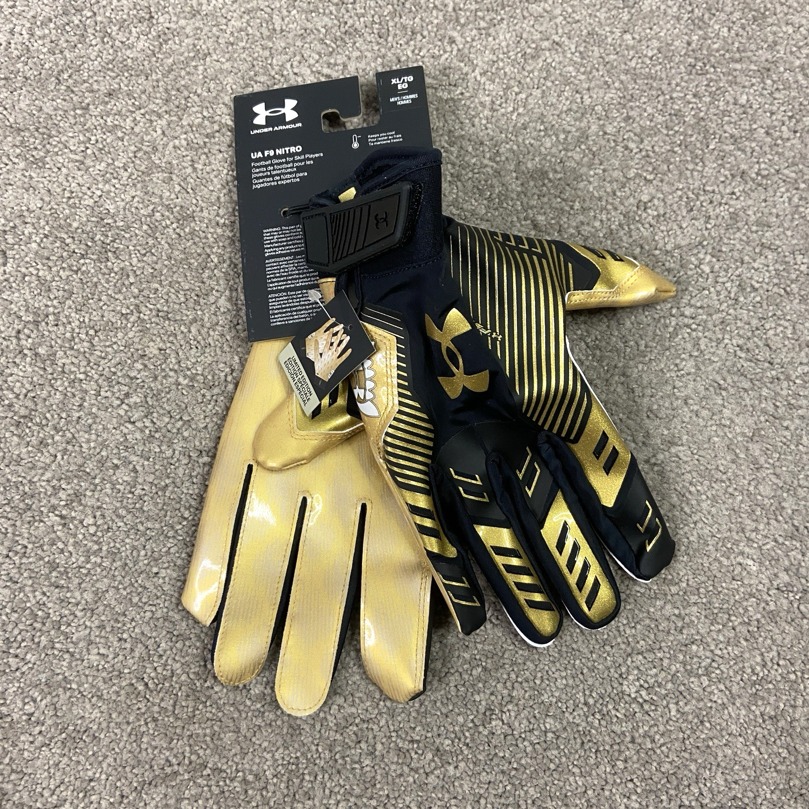 Under Armour UA F9 NITRO Black/Gold Football Gloves XL GlueGrip