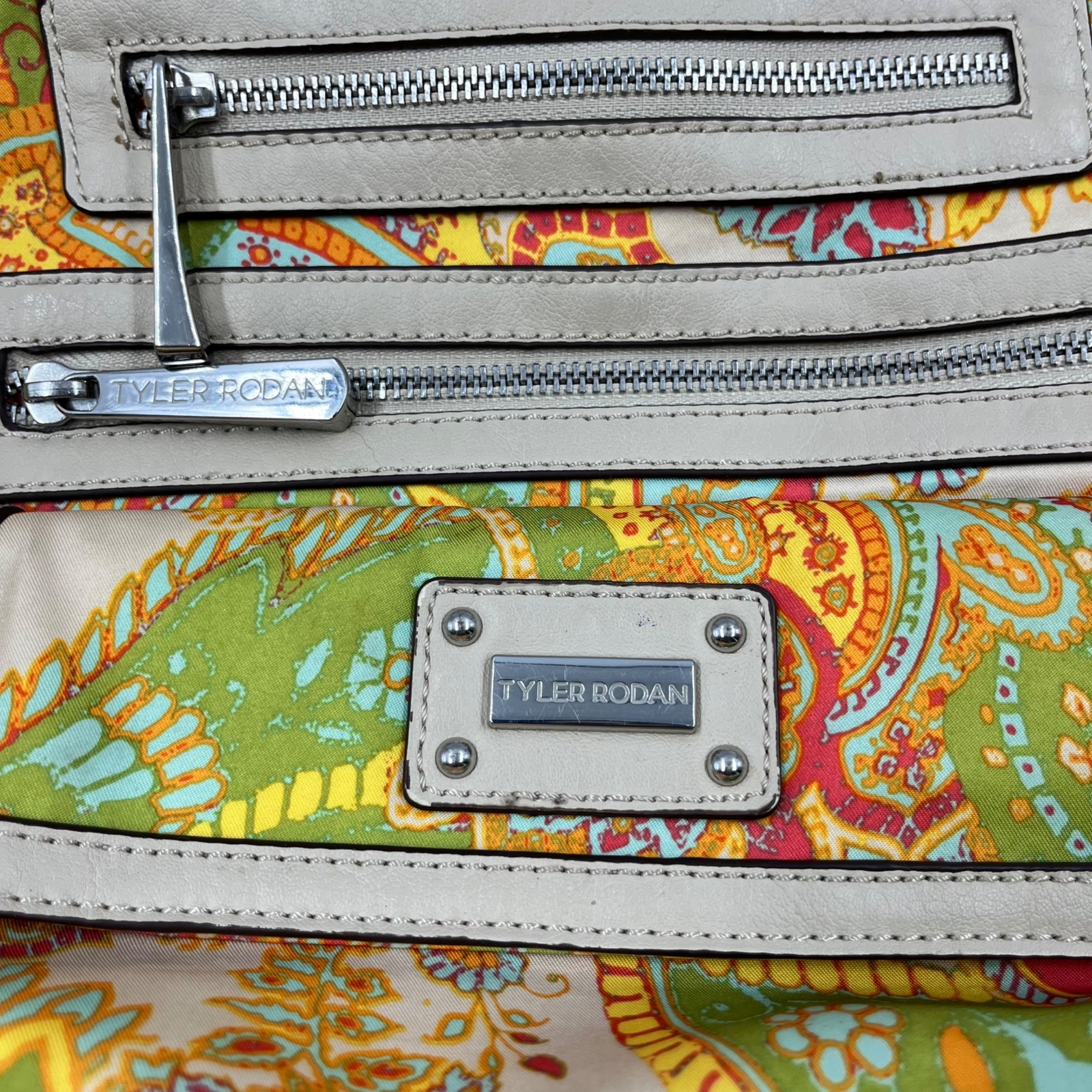 Tyler Rodan Handbag Satchel Green Yellow Orange Paisley Double Handle Large
