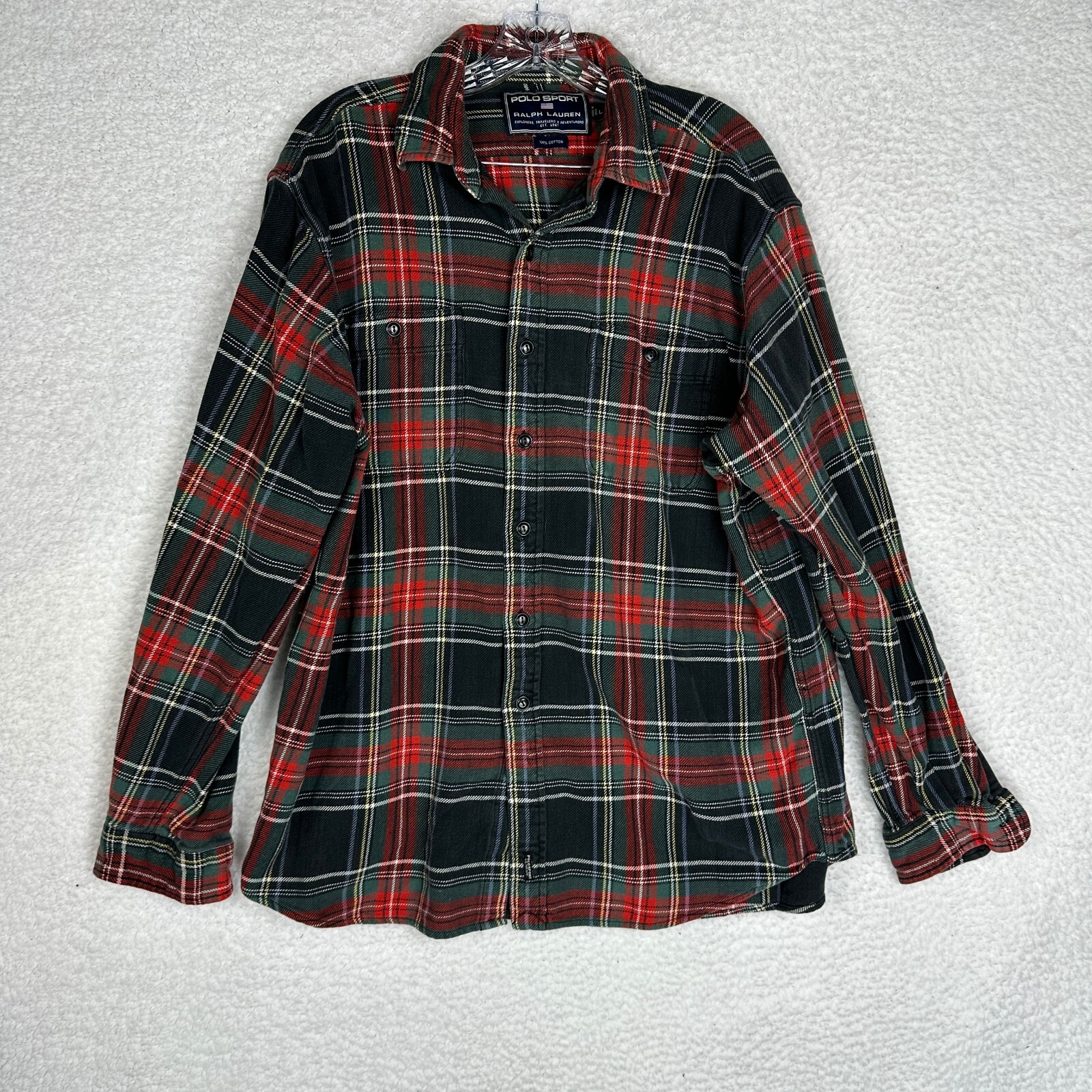 Polo sport Ralph Lauren Button shirt mens size Large Plaid royal Stewart Pockets
