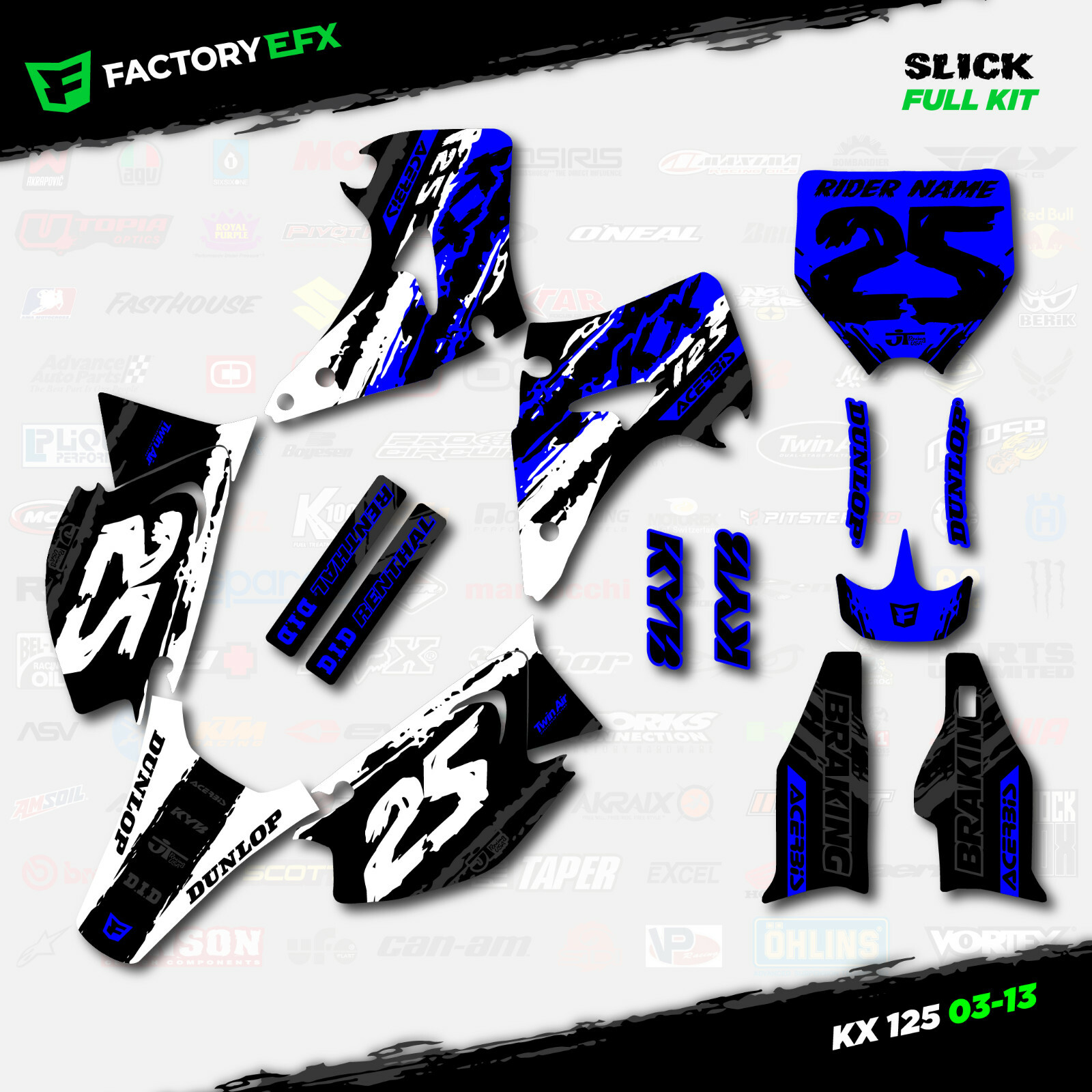 White Blue Slick Racing Graphics Kit fits 03-08 Kawasaki