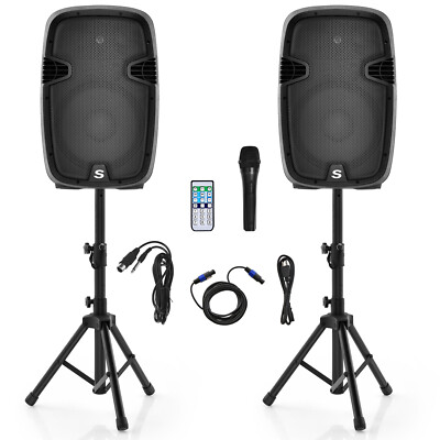 Suono Dual 12'' 2-way 2000W Powered Speakers w/ Mic Speaker Stands