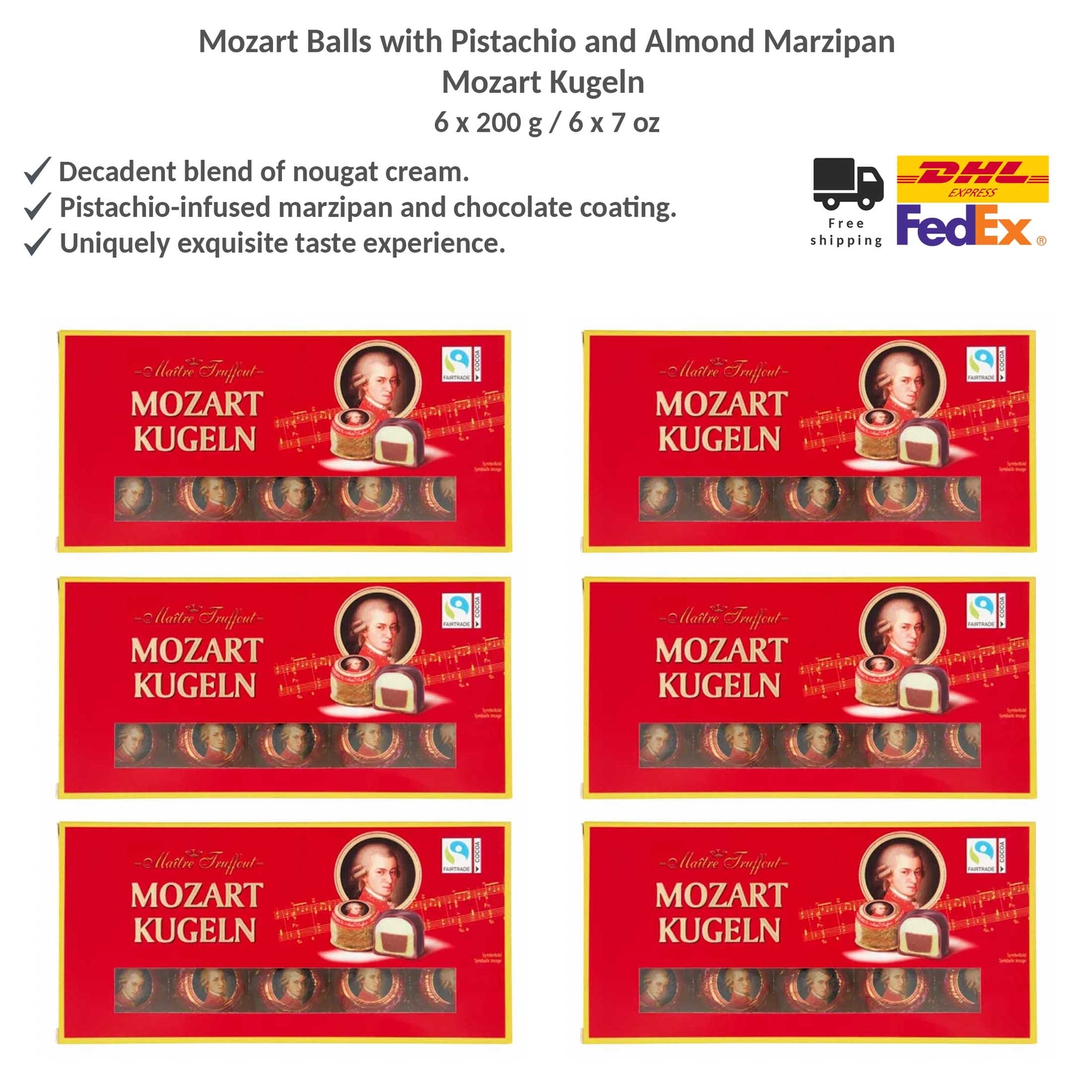 Mozart Kugeln Pralines - Pistachio Marzipan, Almond Marzipan, Hazelnut  200g x 6