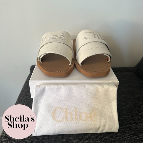 Pre-owned Chloé Chloe Woody Logo-embroidered White Leather Slide Sandals Size 37