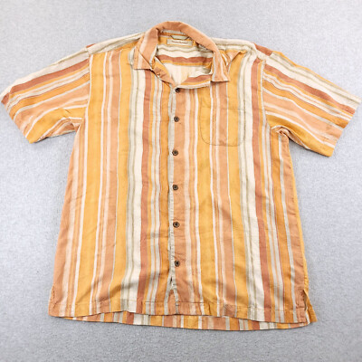 Tommy Bahama Mens Shirt Large Orange Striped Tropical Silk Camp Collar Jacquard