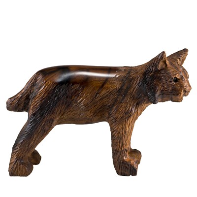 Unique Hand Carved Ironwood Bobcat Figurine Wood Carving 6'' Long Made In USA