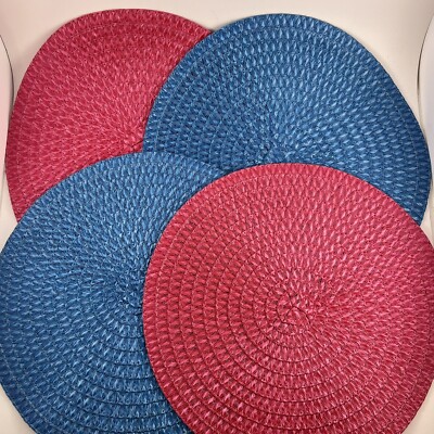 Set Of 4 Round Placemats Blue Pink Woven Spiral Easy-Clean 14.5  Indoor/Outdoor