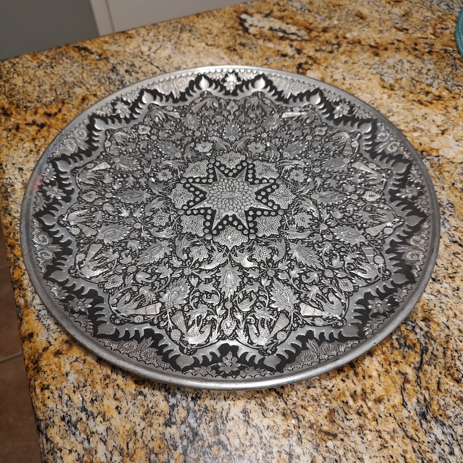 Vintage Middle Eastern Round Silver Tray Floral Design