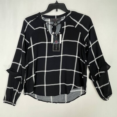 Polly & Esther Rayon Blouse Womens X-Small Keyhole V-Neck Black Plaid