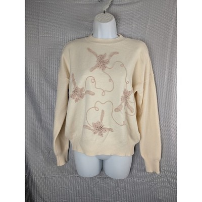 OnTwelfth Womens Medium Ivory Sweater Pink Floral Beaded Applique Crew Neck