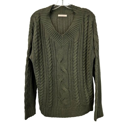 Active USA Women s V-Neck Long Sleeve Pullover Cable Knit Sweater Green Large