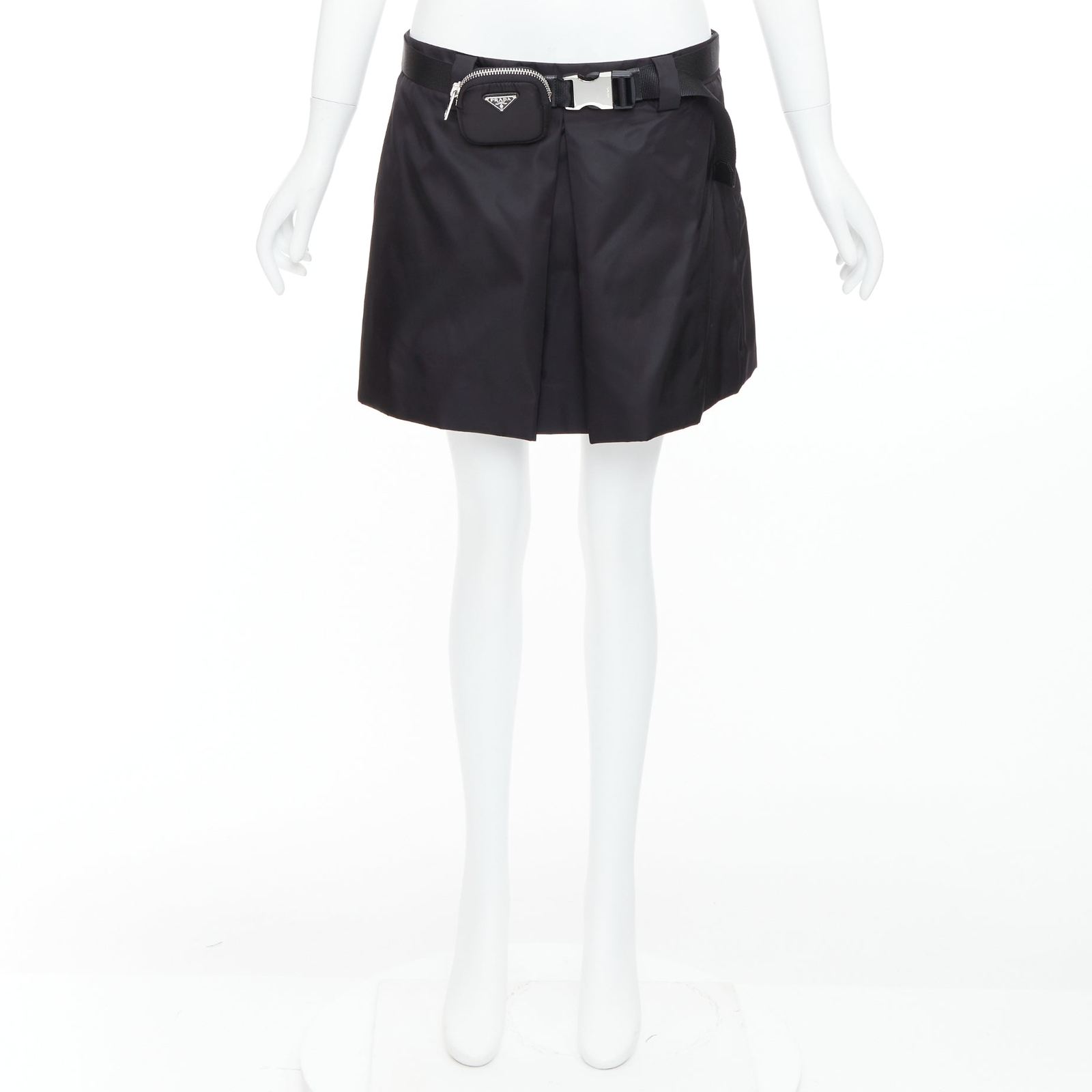 PRADA 2020 Re-nylon black silver triangle logo buckle belt