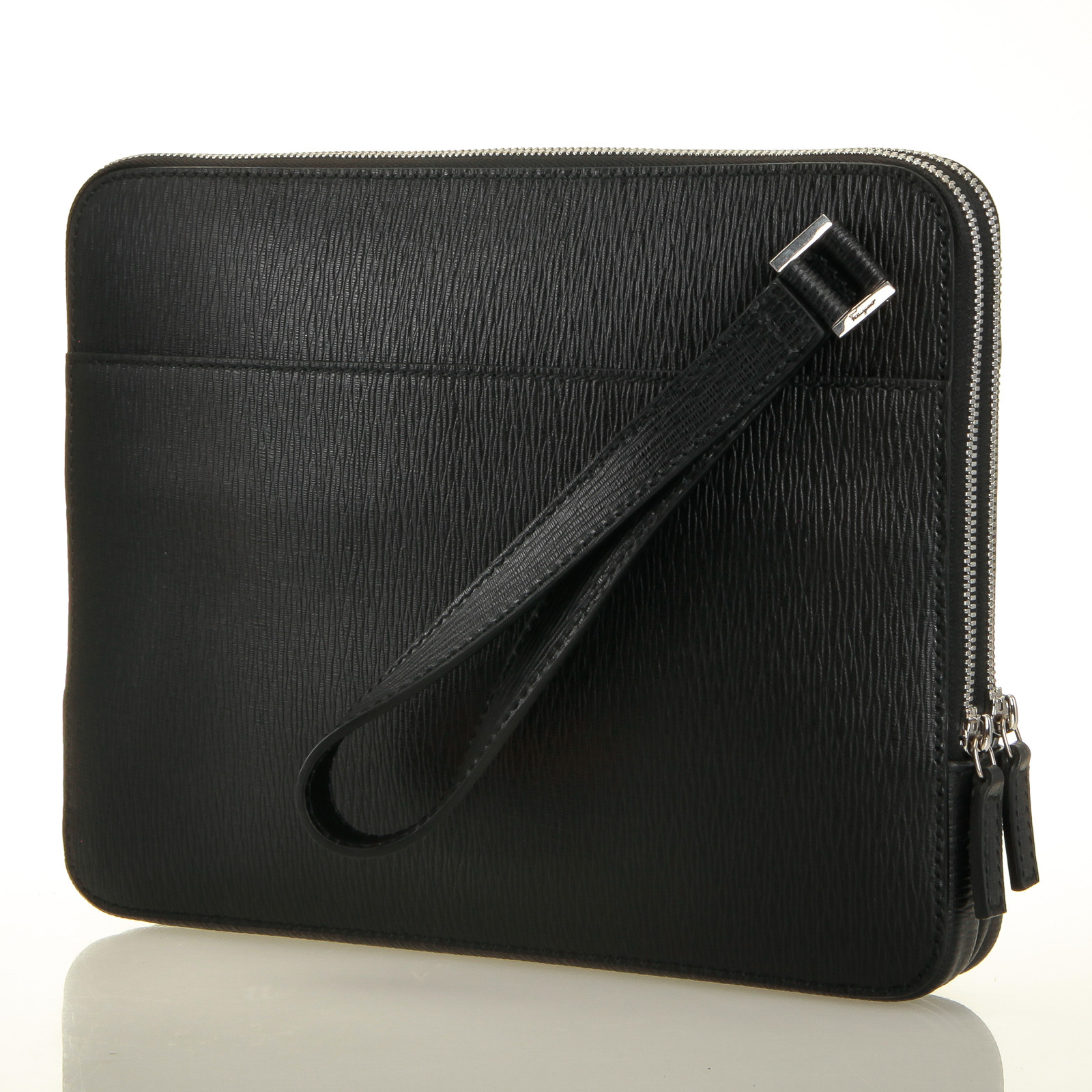 Salvatore Ferragamo Revival Black Pebbled Calf Leather Carrying Pouch