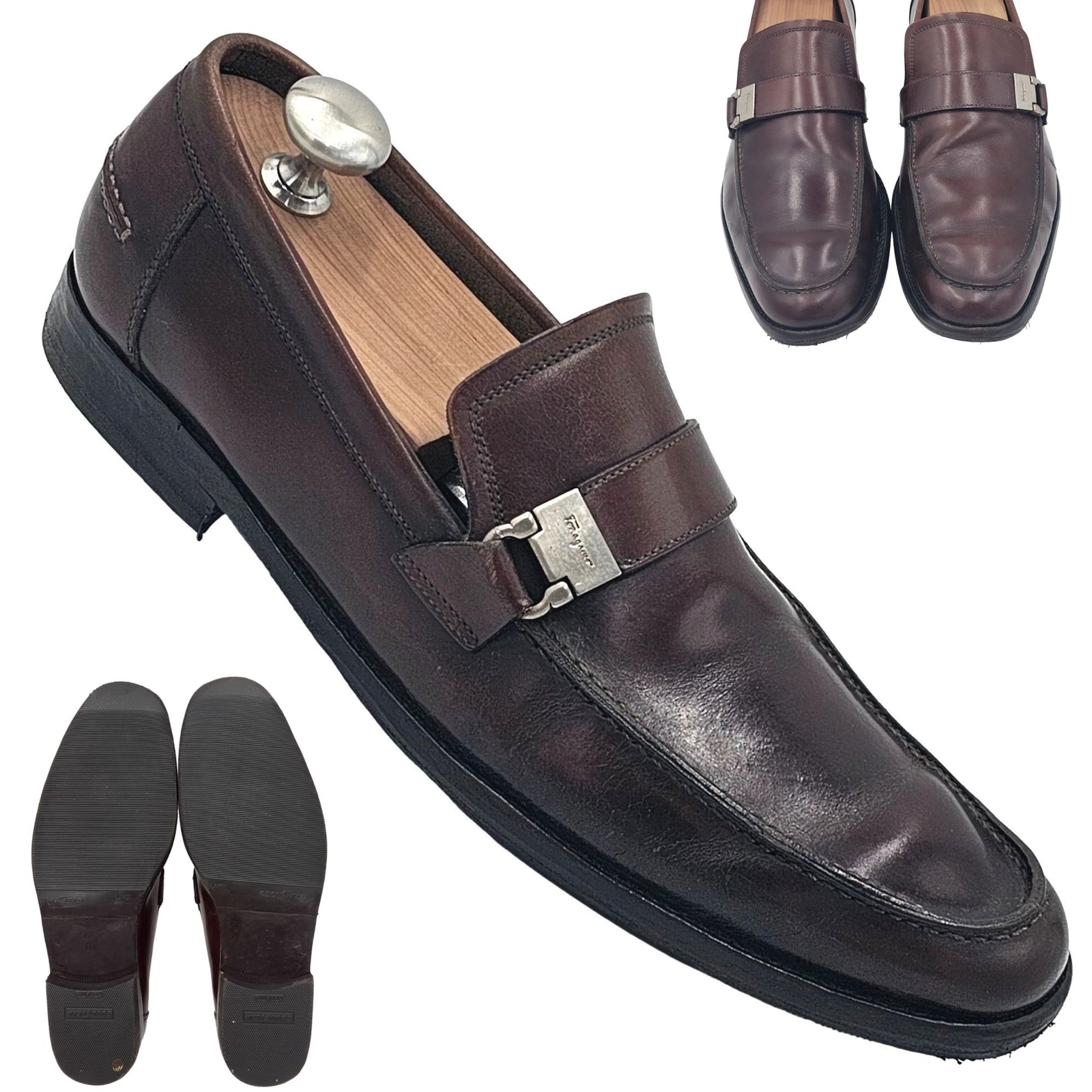 ドレスシューズ・革靴・ビジネスシューズ Ferragamo Dark Brown Leather Loafer New Authentic Salvatore Ferragamo Men Brown Dress Leather