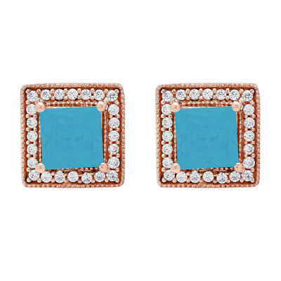 Pre-owned Pucci 2.3ct Princess Round Halo Blue Simulated Turquoise Stud Earrings 14k Rose Gold In Pink