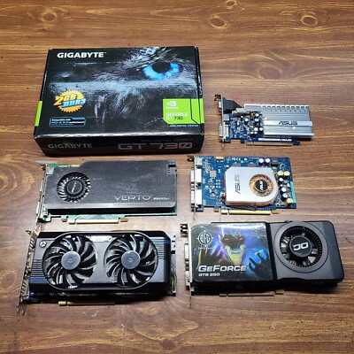 Lot of 6 GeForce GTX 560, 9600 GT, GTS250, 7600GT, 8400GS, GT730 Video Cards
