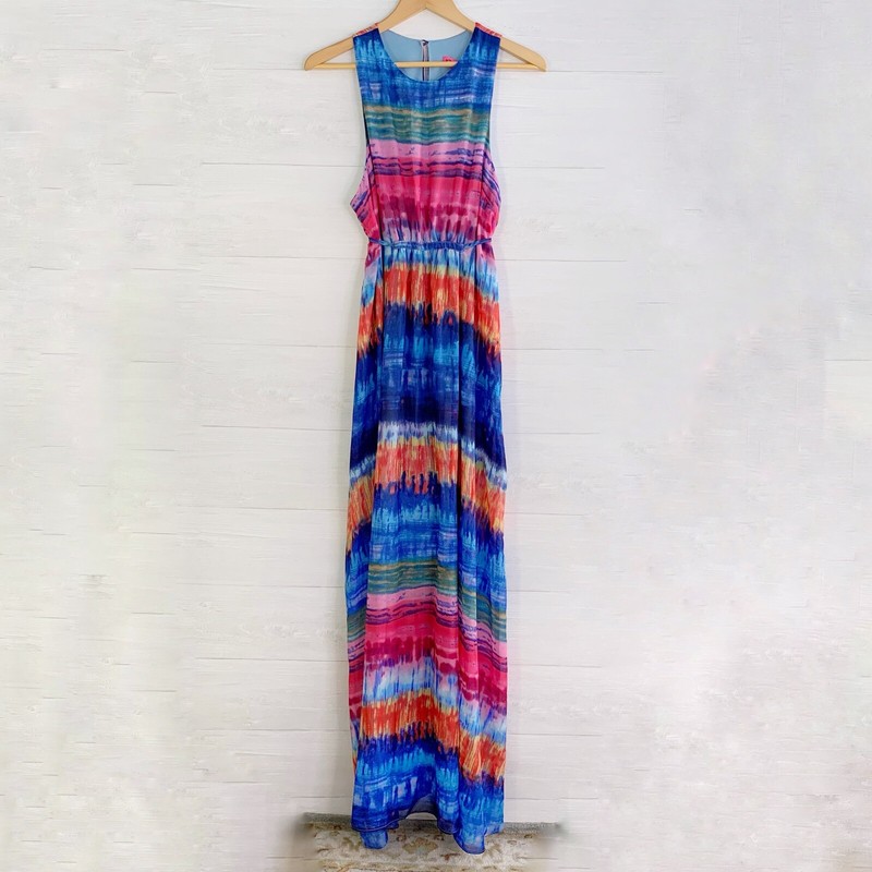 Betsey Johnson - Pink & blue tie-dye chiffon maxi dress, sz 14 Juniors
