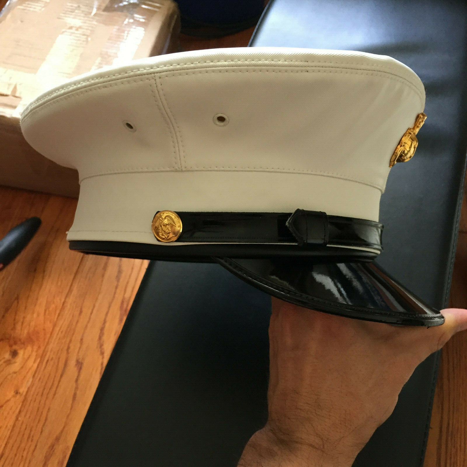 Marine Corps White Enlisted Dress Blues Visor - Kingform Cap - Size 7