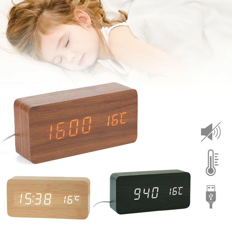 LED Holz Digital Wecker Tischuhr Temperatur Datum Snooze USB Alarm Clock Uhren