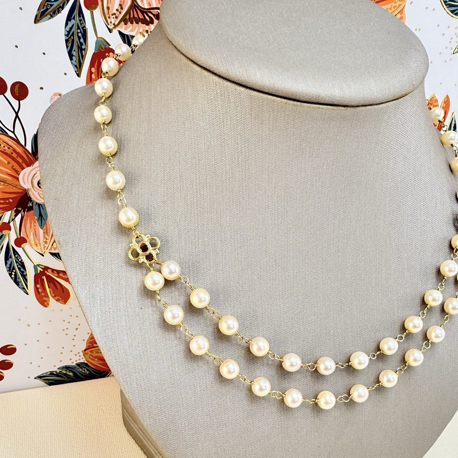 14k Yellow Gold Genuine Akoya Cultured Pearls Handcrafted Necklace, 17-18.75