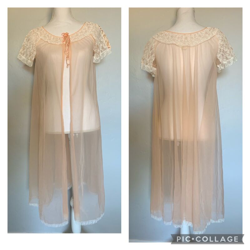 Vintage Lisette By Al Sterling Ultra Sheer Robe Peignoir Dressing Gown S Peach