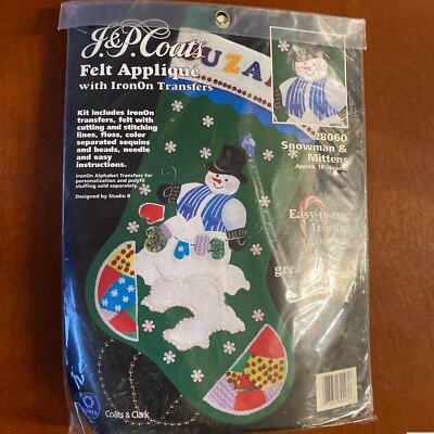 J & P Coats 18'' Christmas Stocking Kit 28060 ''Snowman & Mittens'' Felt Sequins