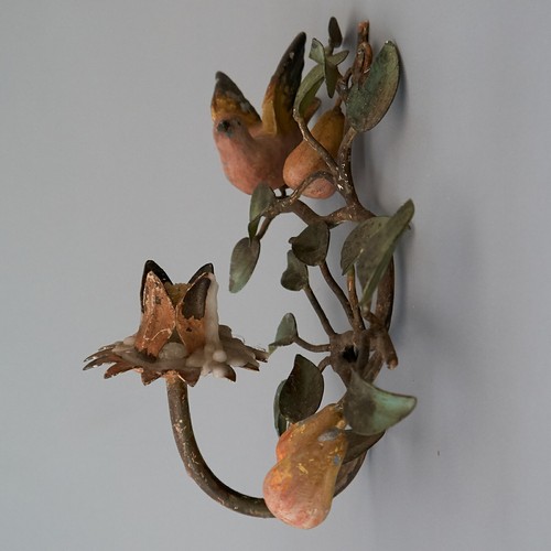 VTG Pair Shabby French Chic Toleware Wall Sconce Candle Holder Birds Pears x 2