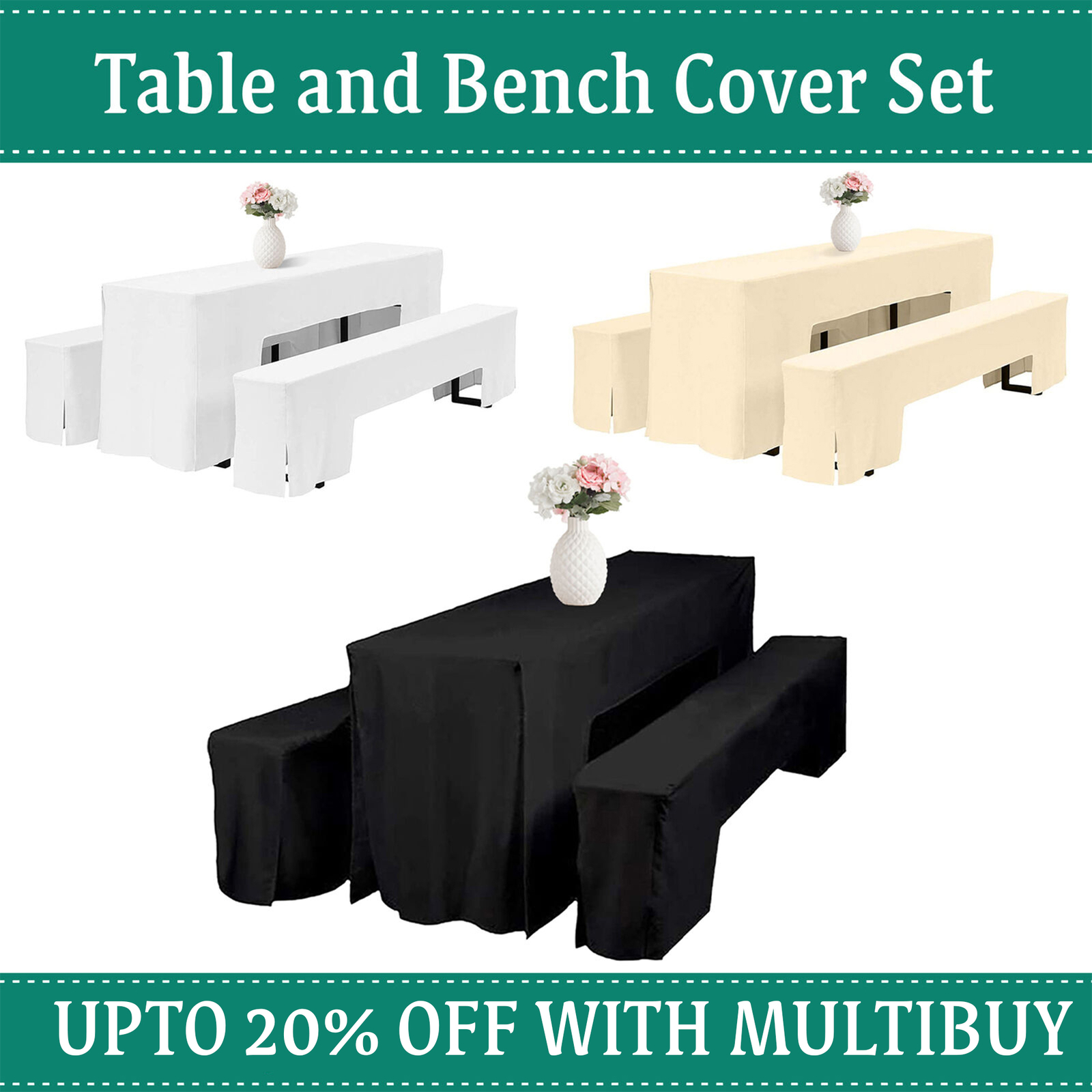 Schwarz Weiß Elfenbein Tischdecke Bench Cover 3pcs für BBQ Außen Party Garten