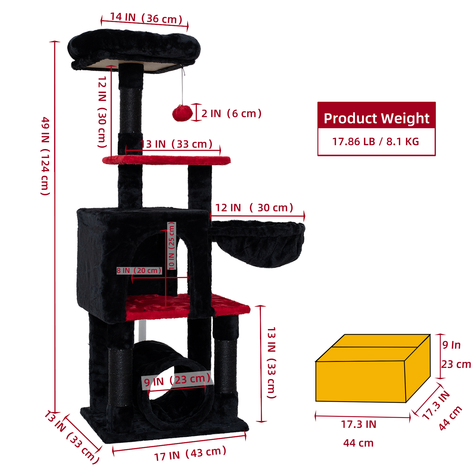 GOXIFACHOY Cat Tree Tower with Tunnel,Condo,Two Plush hanging ball,Large Cat Toy