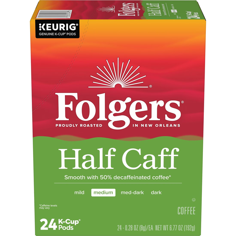 1/2 Caff Coffee, Medium Roast Coffee, Keurig K Cup Pods, 24 Count Box