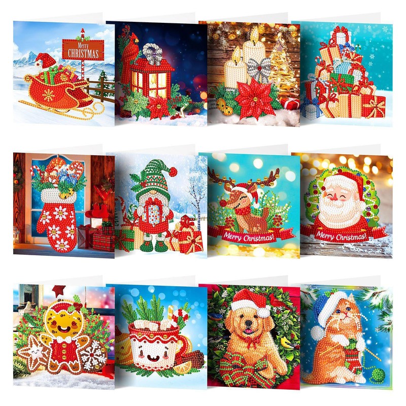 12PCS DIY Christmas Cards Diamond Painting Greeting Cards 5D Diamond Embroidery