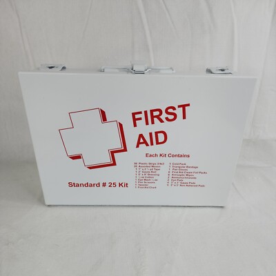 Basic First Aid Kit #25 White Metal Box (empty) Red Letters 