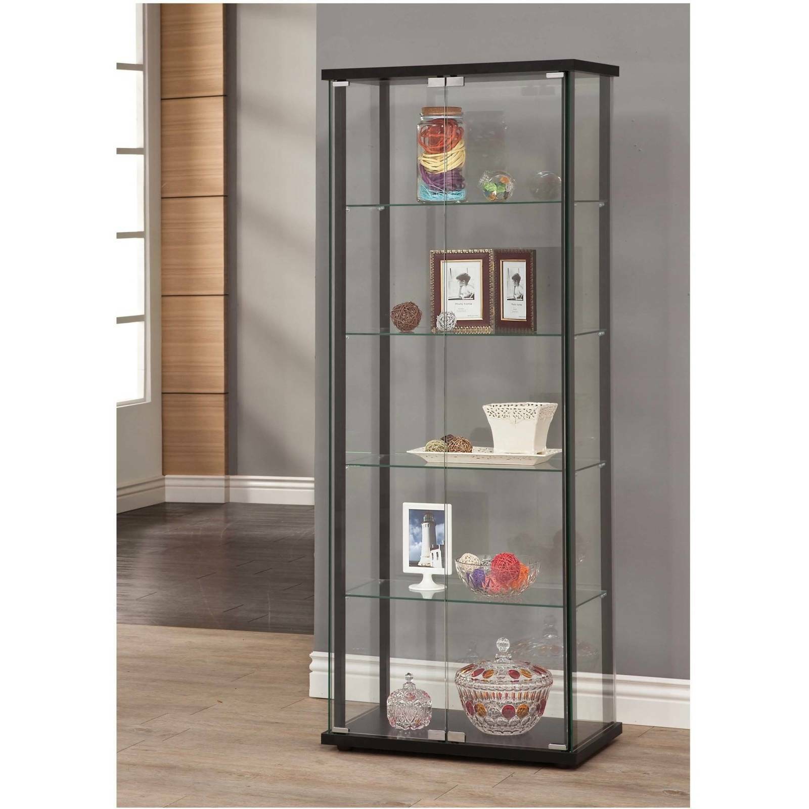 Large Curio Cabinet Black With Glass Doors Display Case 5 Shelves