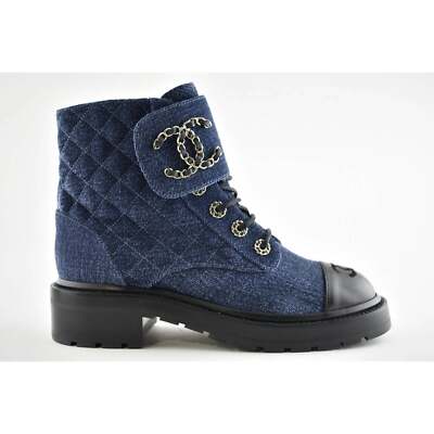 Pre-owned Chanel 21a Blue Black Quilted Cc Chain Combat Lace Up Tie Ankle Short Boots 39