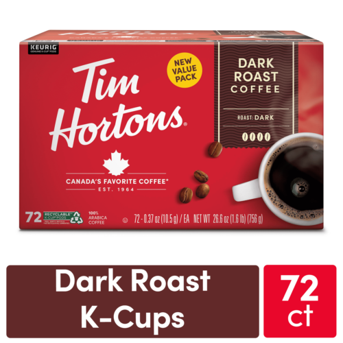 Tim Hortons Dark Roast K-Cup Coffee Pods for Keurig Brewers, Recyclable, 72 Ct